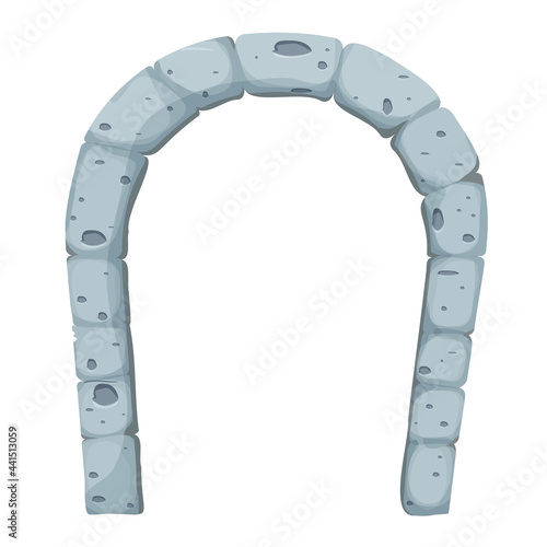 Stone castle arch door, window, comic in cartoon style isolated on white background. Decoration with bricks, medieval empty frame. Ui asset. Vector illustration