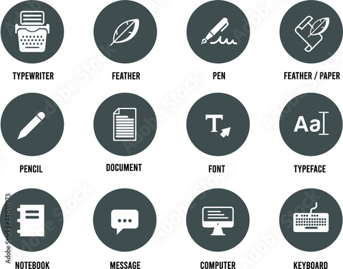 Minimalist writing and typing icon set in circles