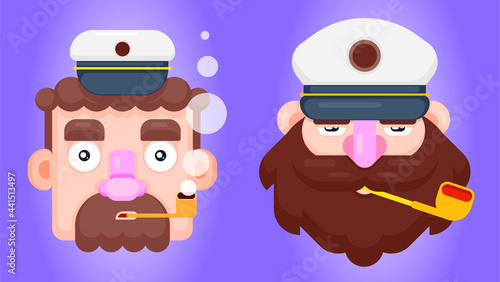 Set of two bearded ship captain or skipper with a pipe and peaked cap. Flat design smoking sailor vector illustration. 
