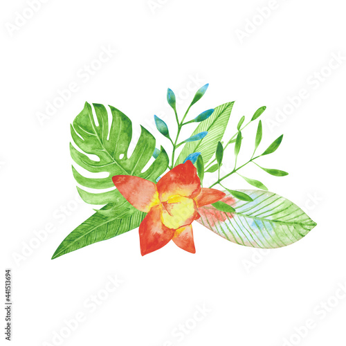 Fototapeta Naklejka Na Ścianę i Meble -  Watercolor exotic flowers bouquet isolated on a white background. A red orchid, a monstera, and other flowers for a wedding invitation and more. Hand-drawn tropical floral illustration.