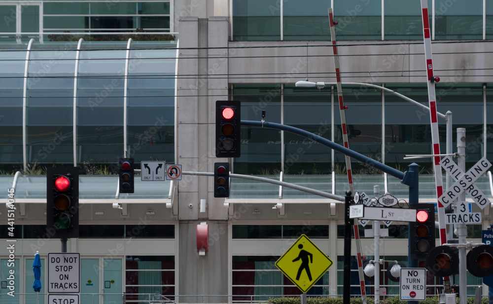 Rich variety of warning signs and red lights near Convention Center in San Diego