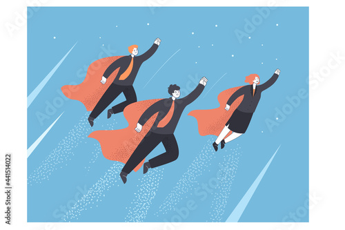 Team of businessmen flying through sky like superheroes. Powerful male and female characters in suits flat vector illustration. Teamwork, business concept for banner, website design or landing page