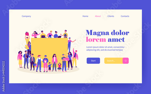 People of different occupations around blank banner. Businessman, housewife, worker, doctor flat vector illustration. Community, society, job concept for banner, website design or landing web page