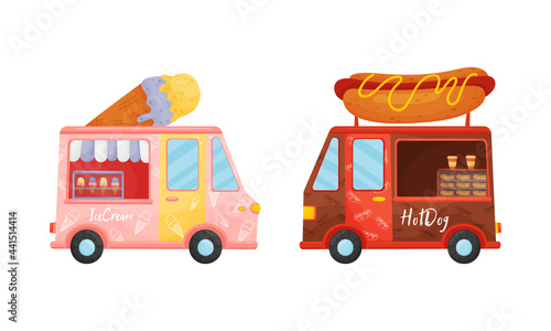 Food Truck or Van Selling Ice Cream and Hot Dog Vector Set photo