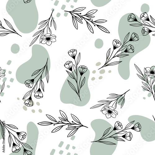 Seamless cute floral vector pattern with plant and flowers. Flower background.