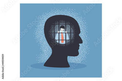 Powerless business person mind prison. Sad man behind bars in human head flat vector illustration. Freedom of thought, slavery, depression concept for banner, website design or landing web page