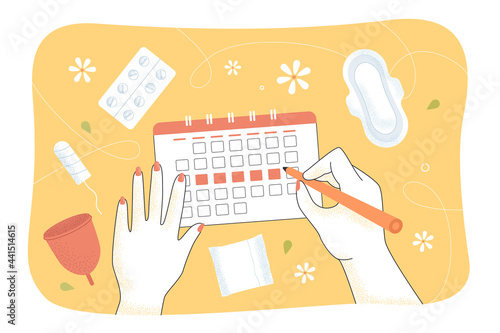 Girl marking periods in calendar. Menstrual cup, pads, tampon, pain killers flat vector illustration. Menstruation, gynecology concept for banner, website design or landing web page