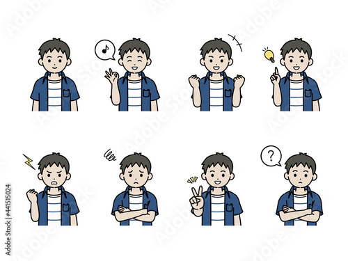 男の子のイラスト　バリエーションセット　仕草　ポーズ　子供　小学生　低学年　上半身