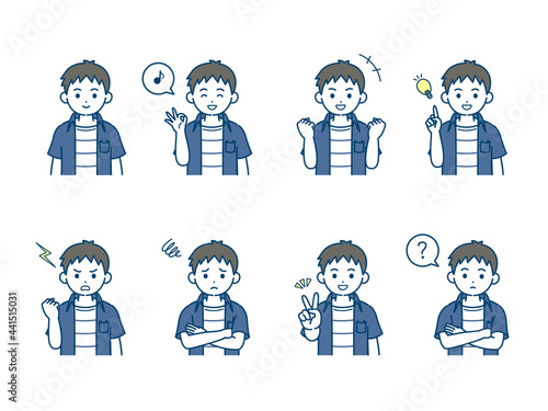 男の子のイラスト　バリエーションセット　仕草　ポーズ　子供　小学生　低学年　上半身