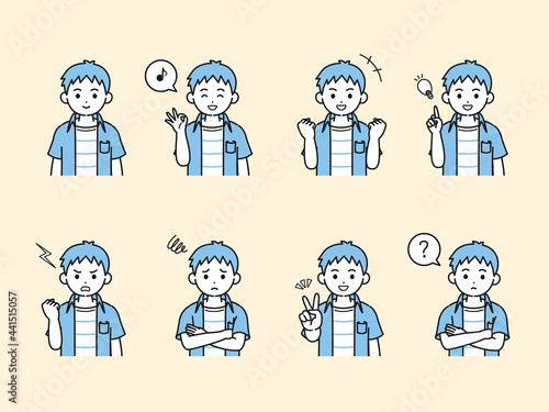 男の子のイラスト　バリエーションセット　仕草　ポーズ　子供　小学生　低学年　上半身