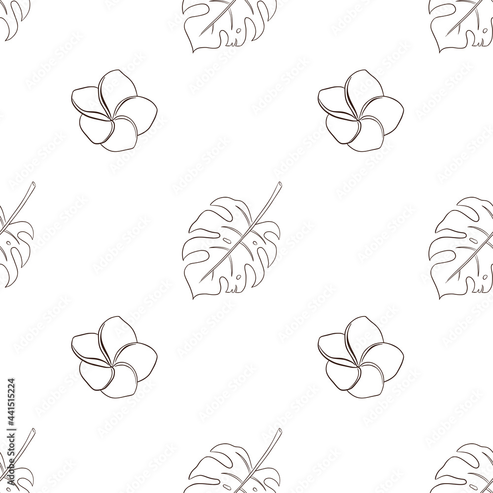 Hand Drawn Tropical Plumeria Flowers and Monstera Leaves Seamless Pattern for background, wrapping paper, package, fabric, textile, web, wallpaper, spa, beauty care products.
