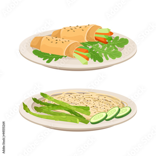 Vegan Dish and Main Course with Noodle and Vegetable Wrap Vector Set