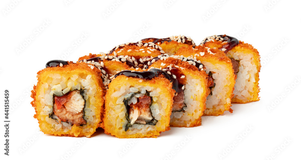 Cooked sushi roll isolated on white background Cooked sushi roll isolated on white background