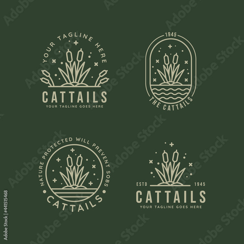set of cattails reeds minimalist line art badge logo icon template vector illustration design. simple modern nature, environment, and botanical bundle emblem logo concept inspiration
