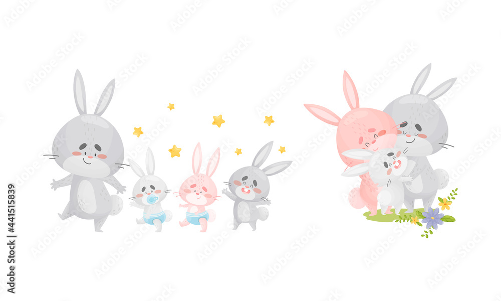 Rabbit Family with Bunny Mom and Dad Nursing and Embracing Their Cub Vector Set Rabbit Family with Bunny Mom and Dad Nursing and Embracing Their Cub Vector Set