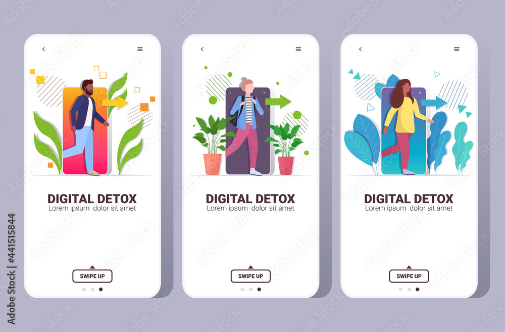 set people coming out of cellphone digital detox concept characters escaping from digital addiction set people coming out of cellphone digital detox concept characters escaping from digital addiction