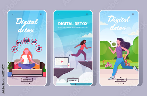 set people spending time without devices digital detox concept women abandoning gadgets