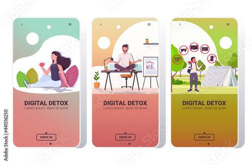 set people spending time without devices digital detox concept women men abandoning gadgets