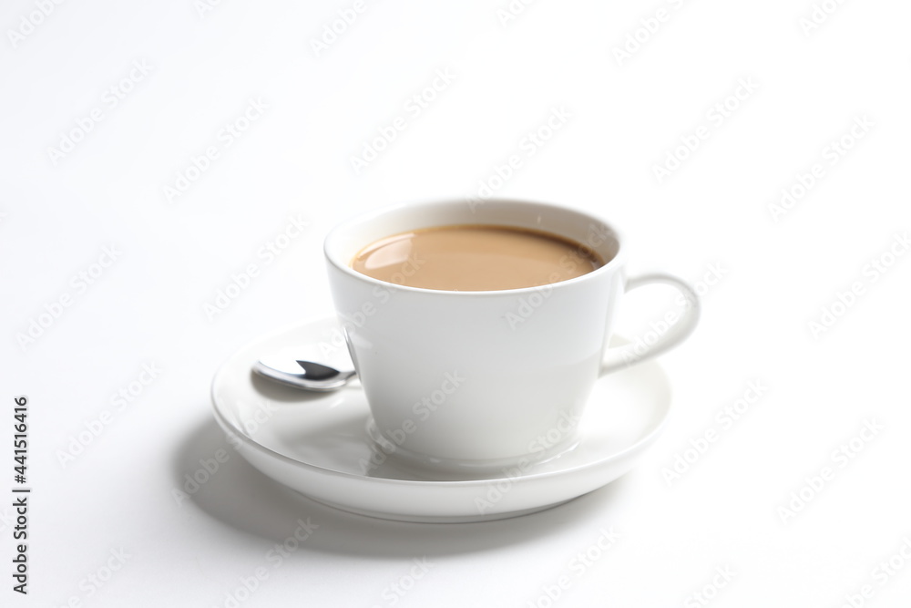 hot drink milk tea , milo , kopi coffee with milk in white cup and tea spoon and small plate in white background color beverage menu hot drink milk tea , milo , kopi coffee with milk in white cup and tea spoon and small plate in white background color beverage menu