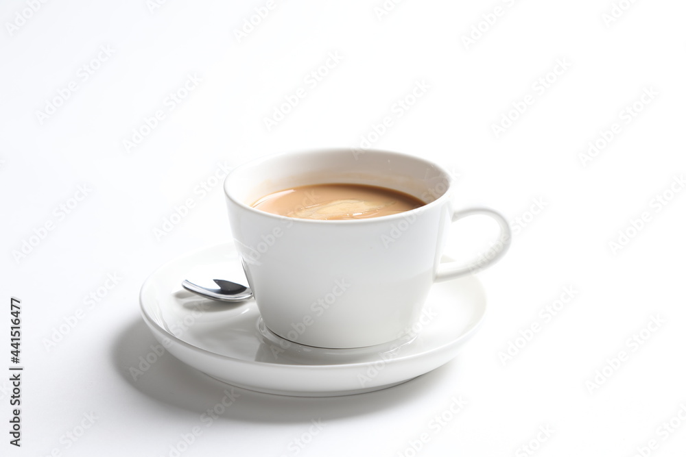 hot drink milk tea , milo , kopi coffee with milk in white cup and tea spoon and small plate in white background color beverage menu