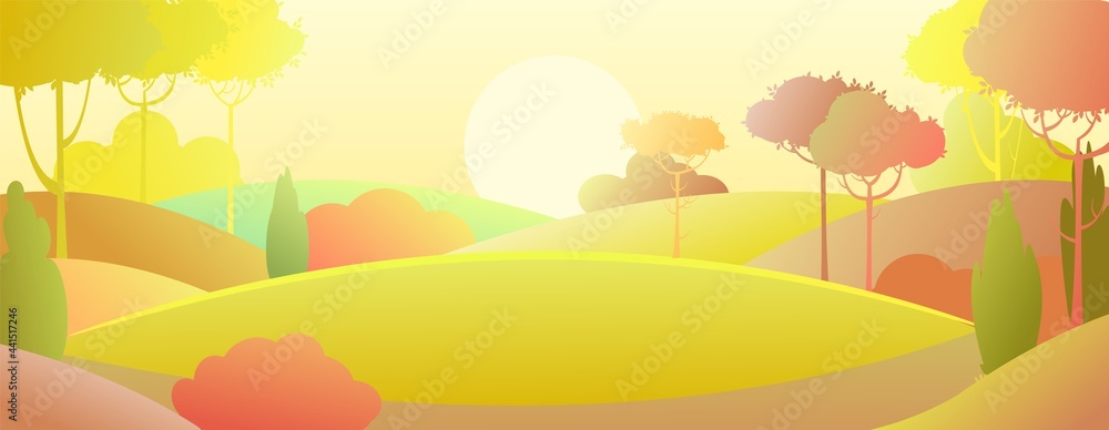 Silhouette autumn landscape. Beautiful scenic plant. Cartoon style. Hills with grass and trees. Cool romantic pretty. Flat soft design background illustration. Vector art
