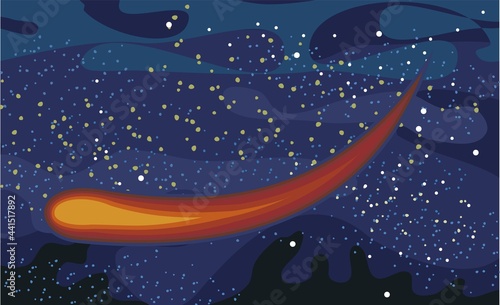 Cosmos background. Starry sky landscape. Planets and their satellites. A bright comet. Flat style. Cartoon design. Vector
