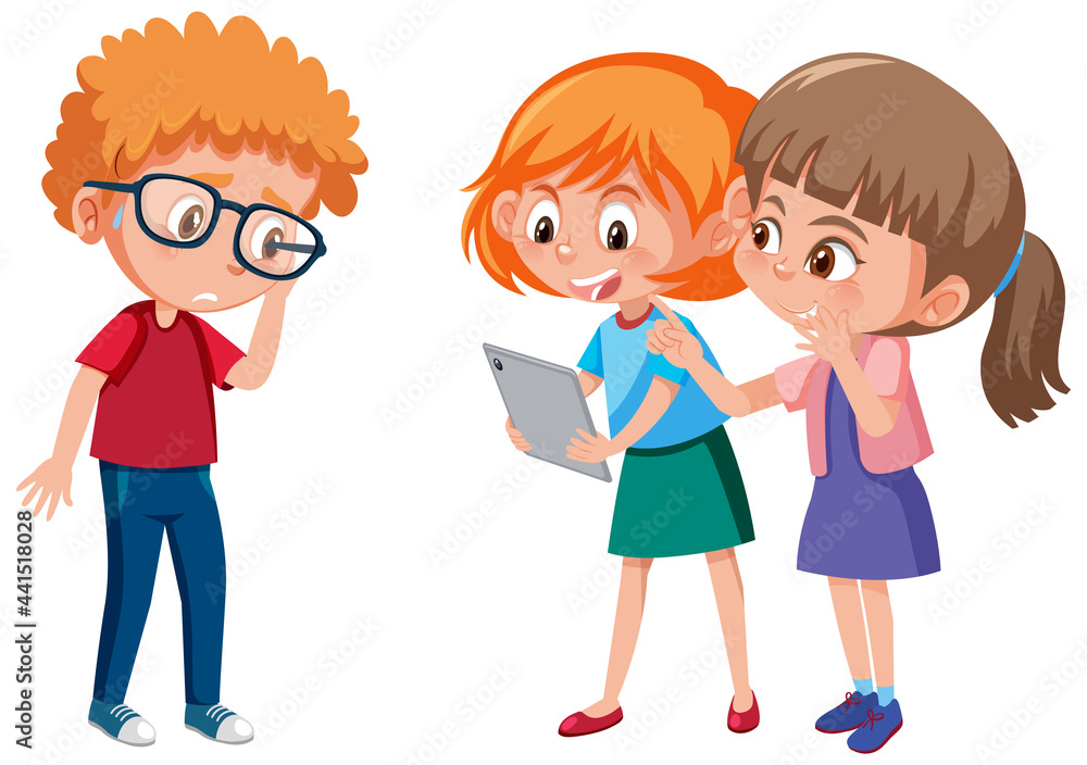 A boy with disappointed face because two girls bullying him A boy with disappointed face because two girls bullying him