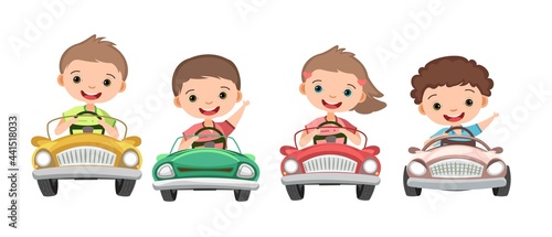 Set. Children drive a car. Kids. Childrens pedal or electro automobile. Cabriolet. Toy vehicle. With a motor. Good passenger car. Isolated over white background. Vector