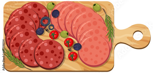 Pepperoni and salami on platter isolated on white background