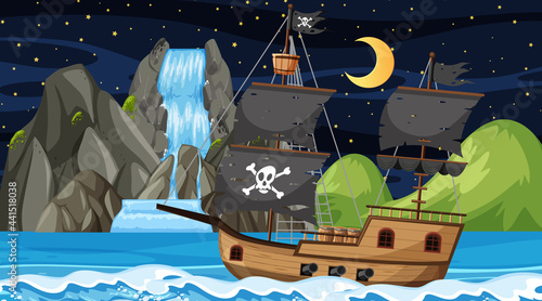 Ocean with Pirate ship at night scene in cartoon style