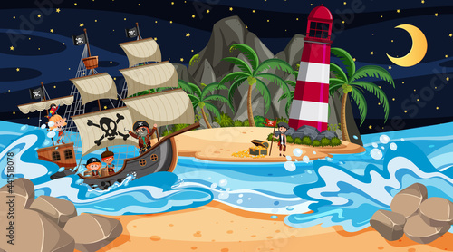 Beach with Pirate ship at night scene in cartoon style