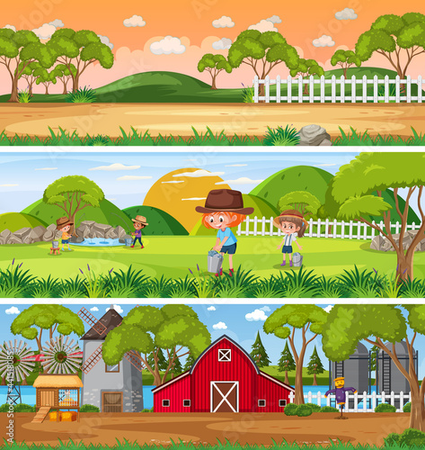 Different nature landscape at daytime scene with cartoon character
