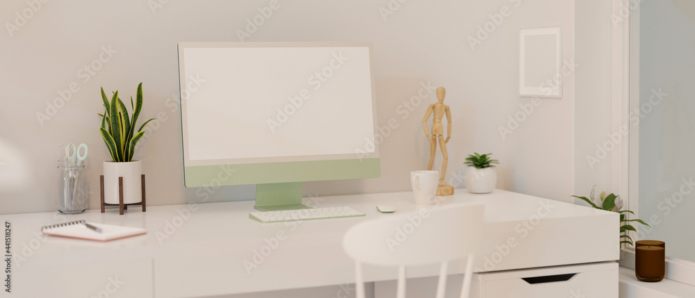 Obraz premium Simple working space with computer device, stationery and decorations in home office, 3D rendering