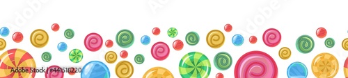 Sweets and scattered. Assorted dessert interspersed. Candy caramel. Seamless. Bottom seamless border. Flat Background illustration. Vector