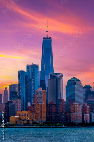 New York City Manhattan downtown skyline at dusk with skyscrapers over Hudson River  USA