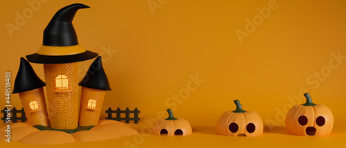 Witch house and pumpkins on yellow background, halloween concept, 3D rendering
