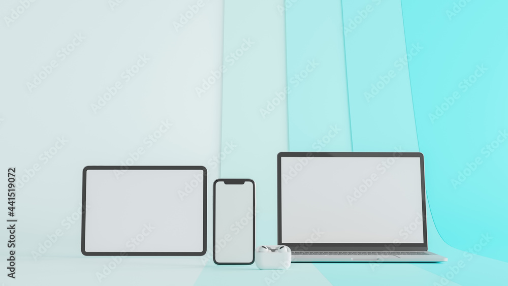 Digital devices with laptop, tablet and smartphone with mock-up screen isolated on blue background, 3D render Digital devices with laptop, tablet and smartphone with mock-up screen isolated on blue background, 3D render