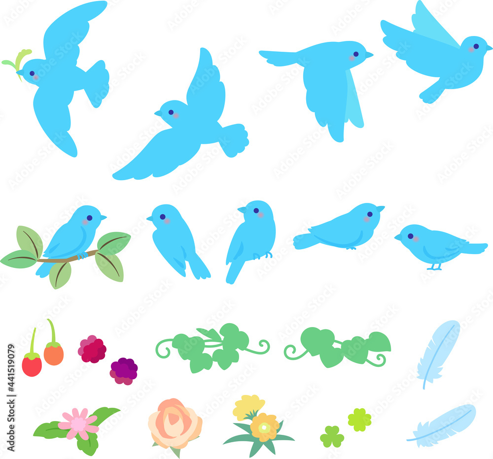 青い小鳥と花や葉のデコレーションイラストセット Stock Vector Adobe Stock