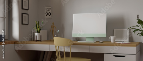 Home office interior design with computer, supplies and decorations on the desk beside the window, 3D render © bongkarn