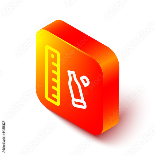 Isometric line Bullet casing as a piece of evidence placed with forensic ruler for documentation icon isolated on white background. Concept of crime scene. Orange square button. Vector