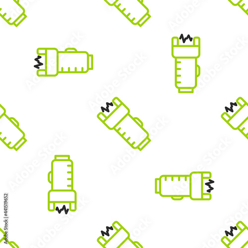 Line Police electric shocker icon isolated seamless pattern on white background. Shocker for protection. Taser is an electric weapon. Vector