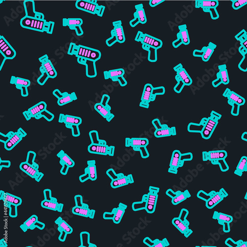 Line Police electric shocker icon isolated seamless pattern on black background. Shocker for protection. Taser is an electric weapon. Vector