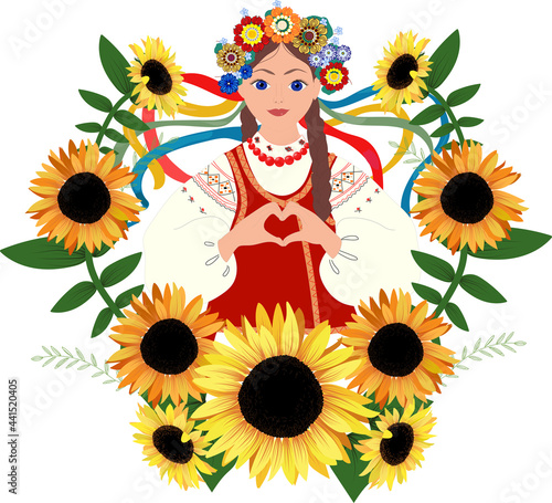 Girl wearing national costume with hands folded in the form of a heart. Ukrainian girl in traditional clothes with sunflowers on the white background. Vector illustration. 