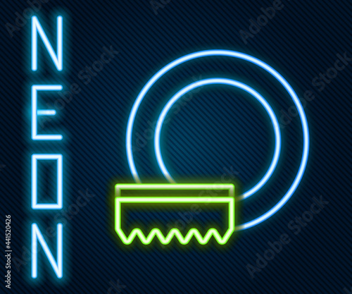 Glowing neon line Washing dishes icon isolated on black background. Cleaning dishes icon. Dishwasher sign. Clean tableware sign. Colorful outline concept. Vector