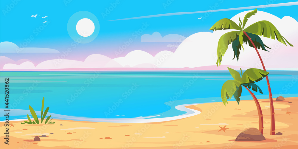 Deserted shore beach and palms banner. Beautiful vector illustration. Blue sky with sun and sandy shore with trees. Summer vacation by the sea. Rest in Thailand, Hawaii. Template for cartoon text