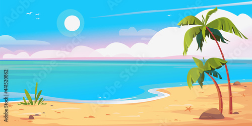 Deserted shore beach and palms banner. Beautiful vector illustration. Blue sky with sun and sandy shore with trees. Summer vacation by the sea. Rest in Thailand, Hawaii. Template for cartoon text