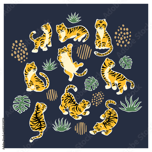 手描き風　虎と植物のベクターイラストセット　白ライン