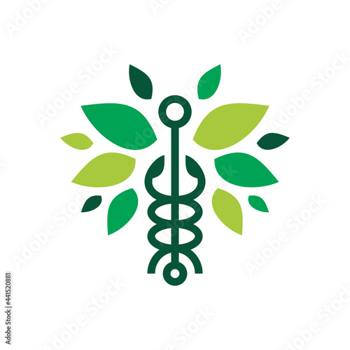 caduceus leaf snake logo vector icon illustration