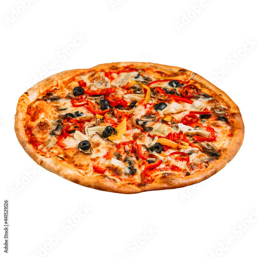 Isolated pizza with mushrooms and vegetables on white background