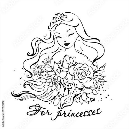 Art print for clothes and fabrics. Beautiful purple hair mermaid with a bouquet of flowers.  Fashionable ink and watercolor style. For princesses text.